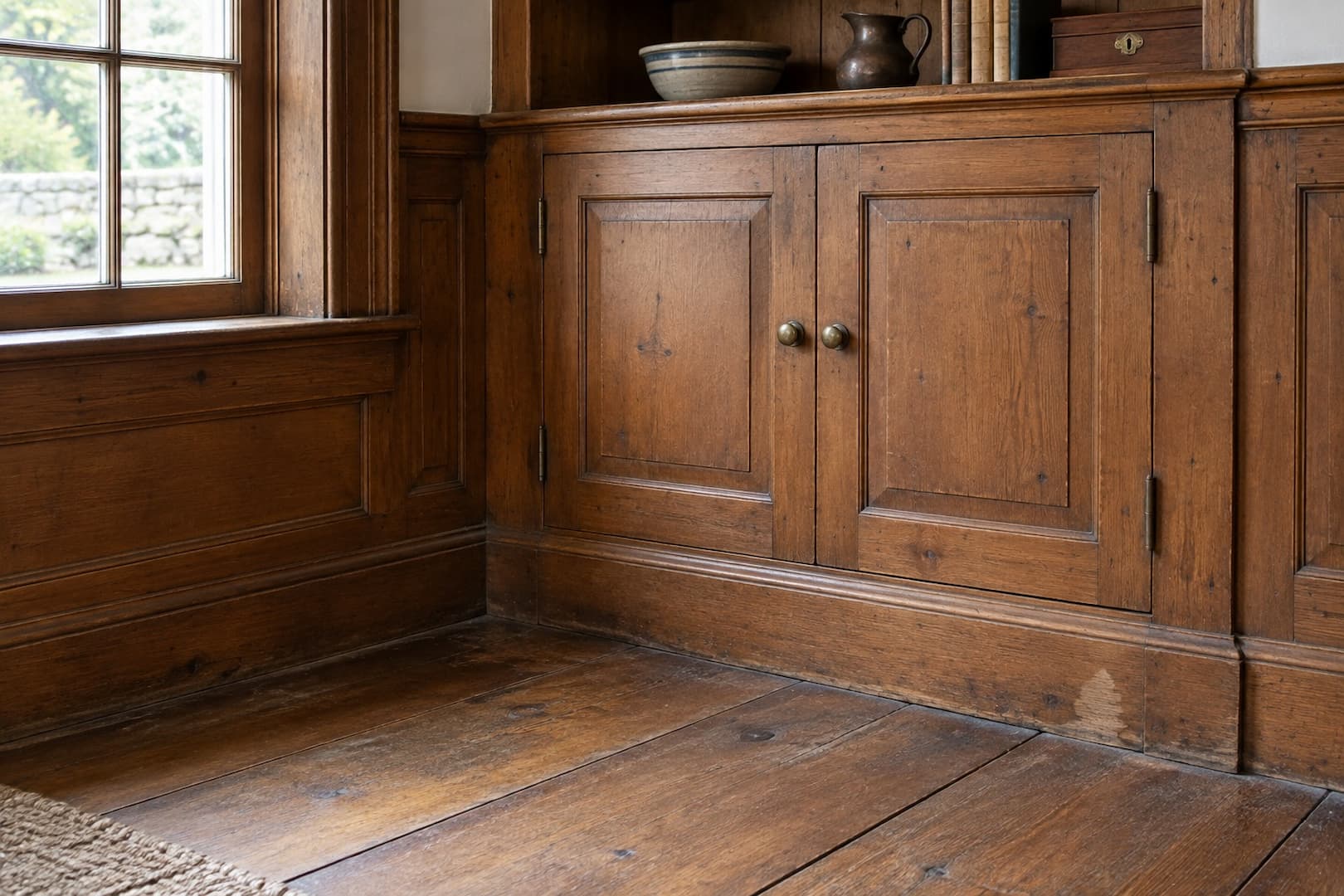 Original wood paneling and a built-in cabinet in a sunlit New England room