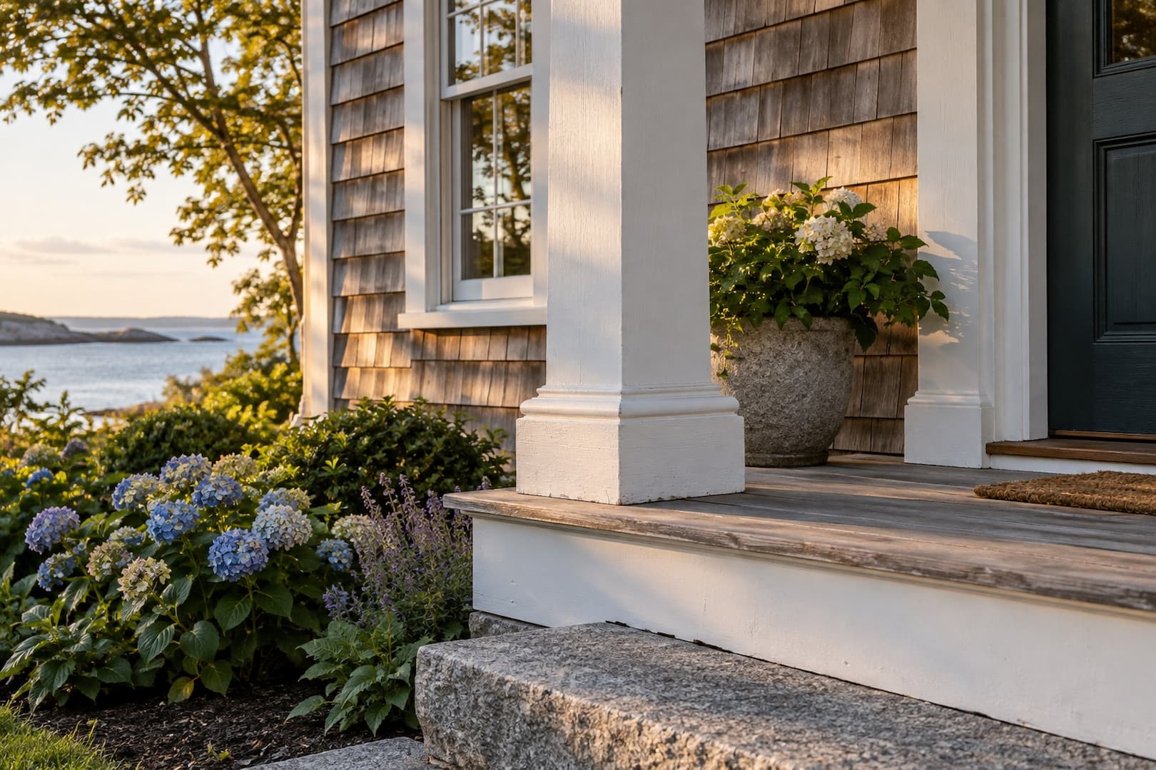 Wooden porch post, painted trim and cedar siding beside a stone path