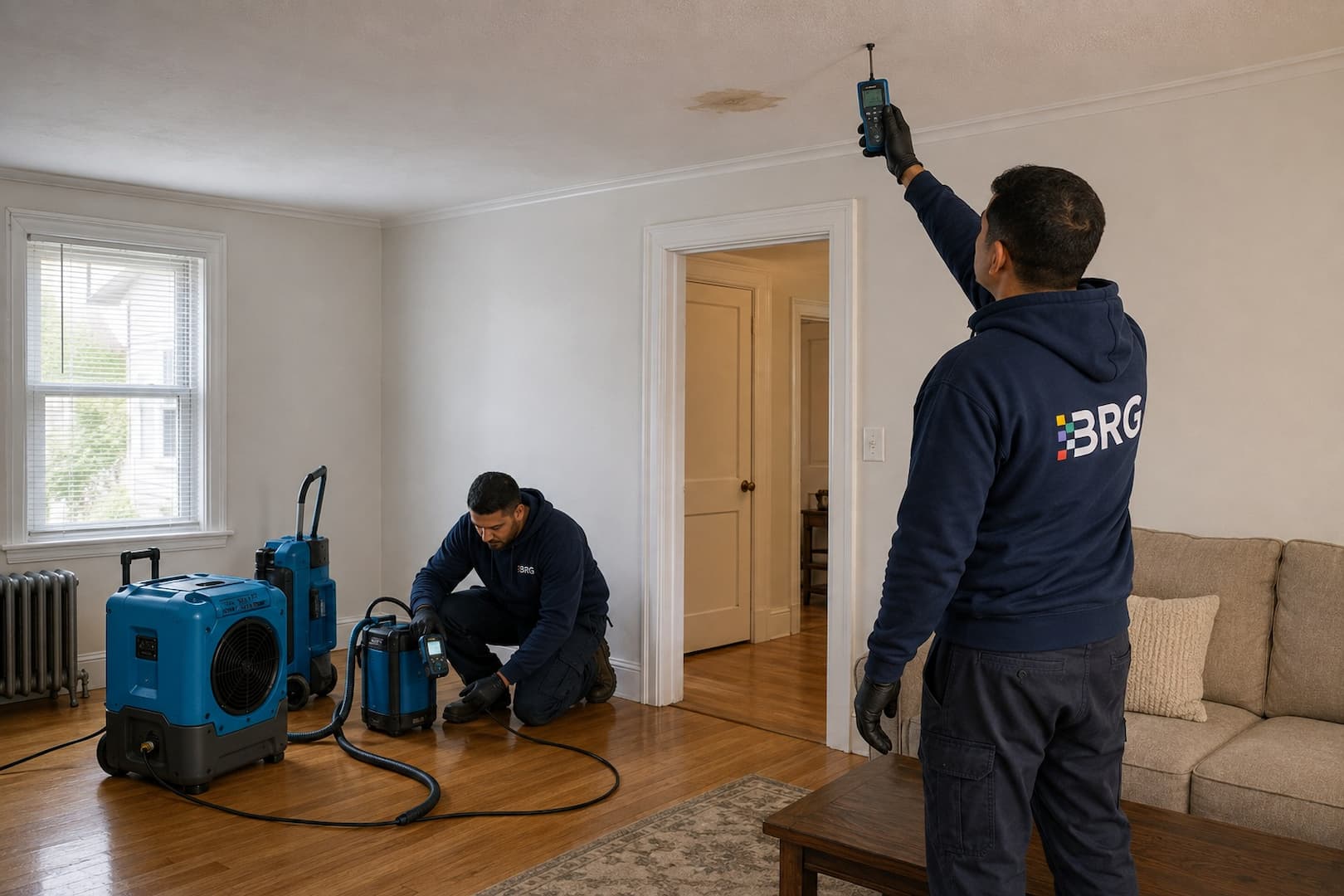 Technician tracing radiator leak water into floor and ceiling assemblies
