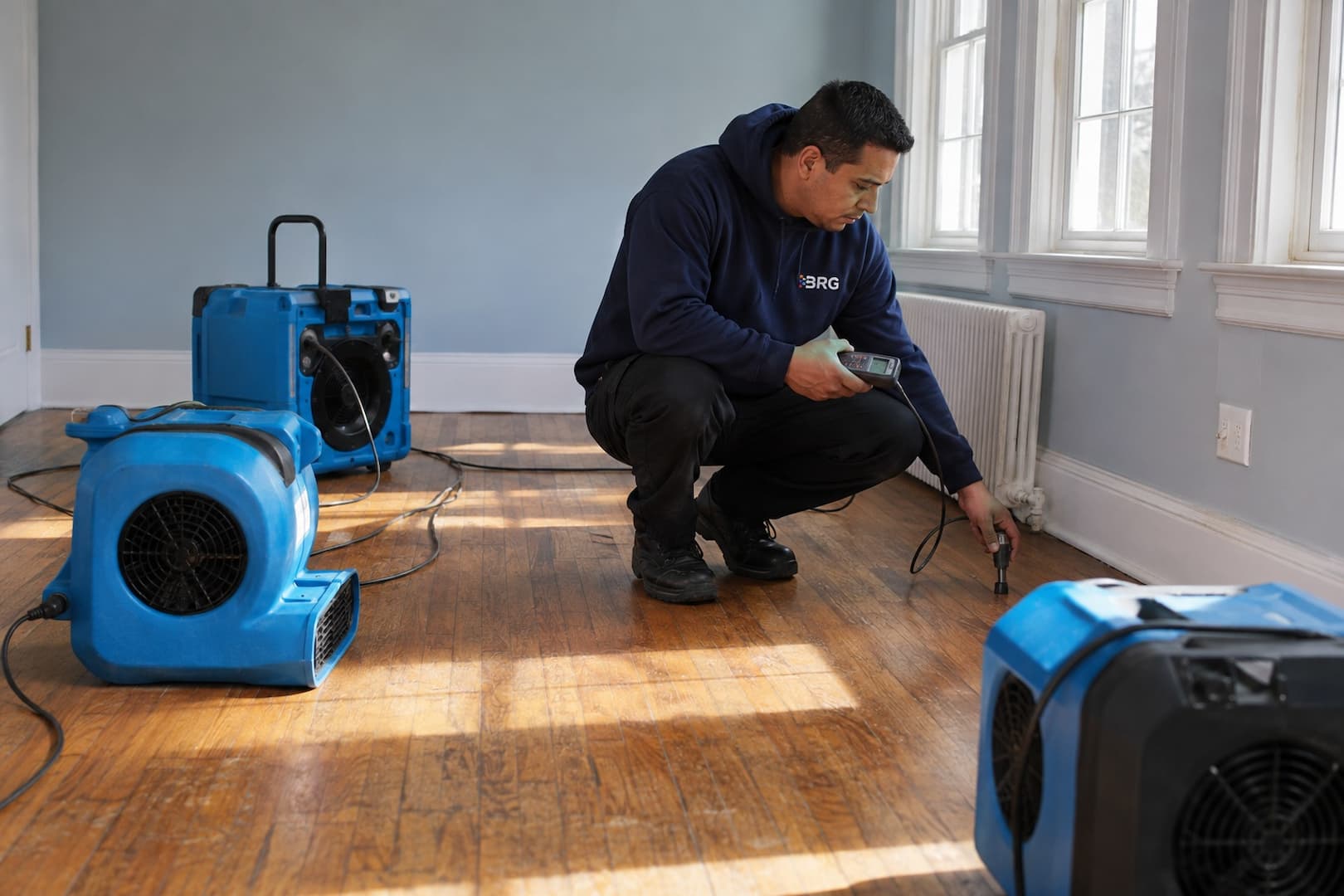 Controlled drying of hardwood after a radiator leak