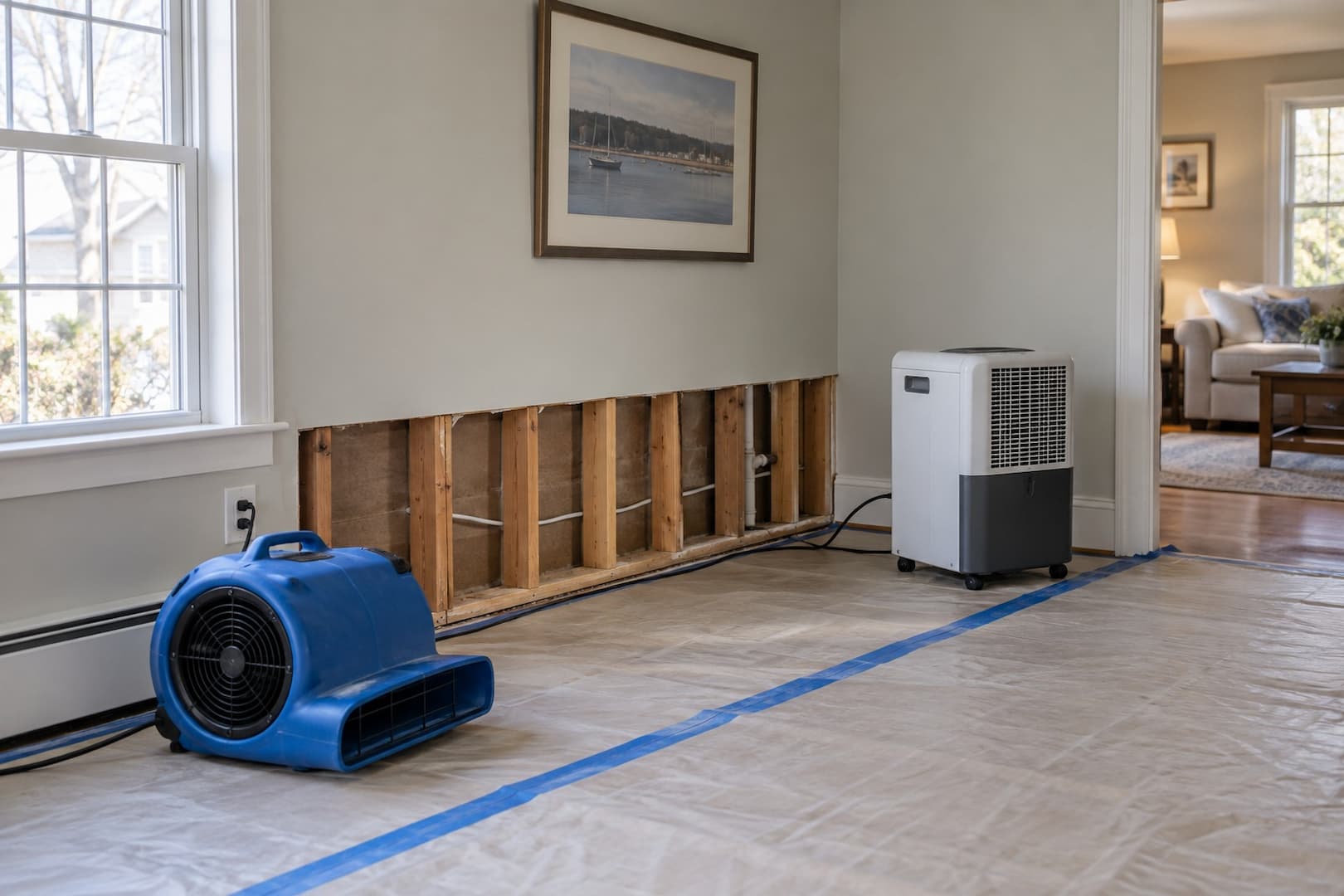 Air mover and dehumidifier positioned in a room with exposed lower wall framing