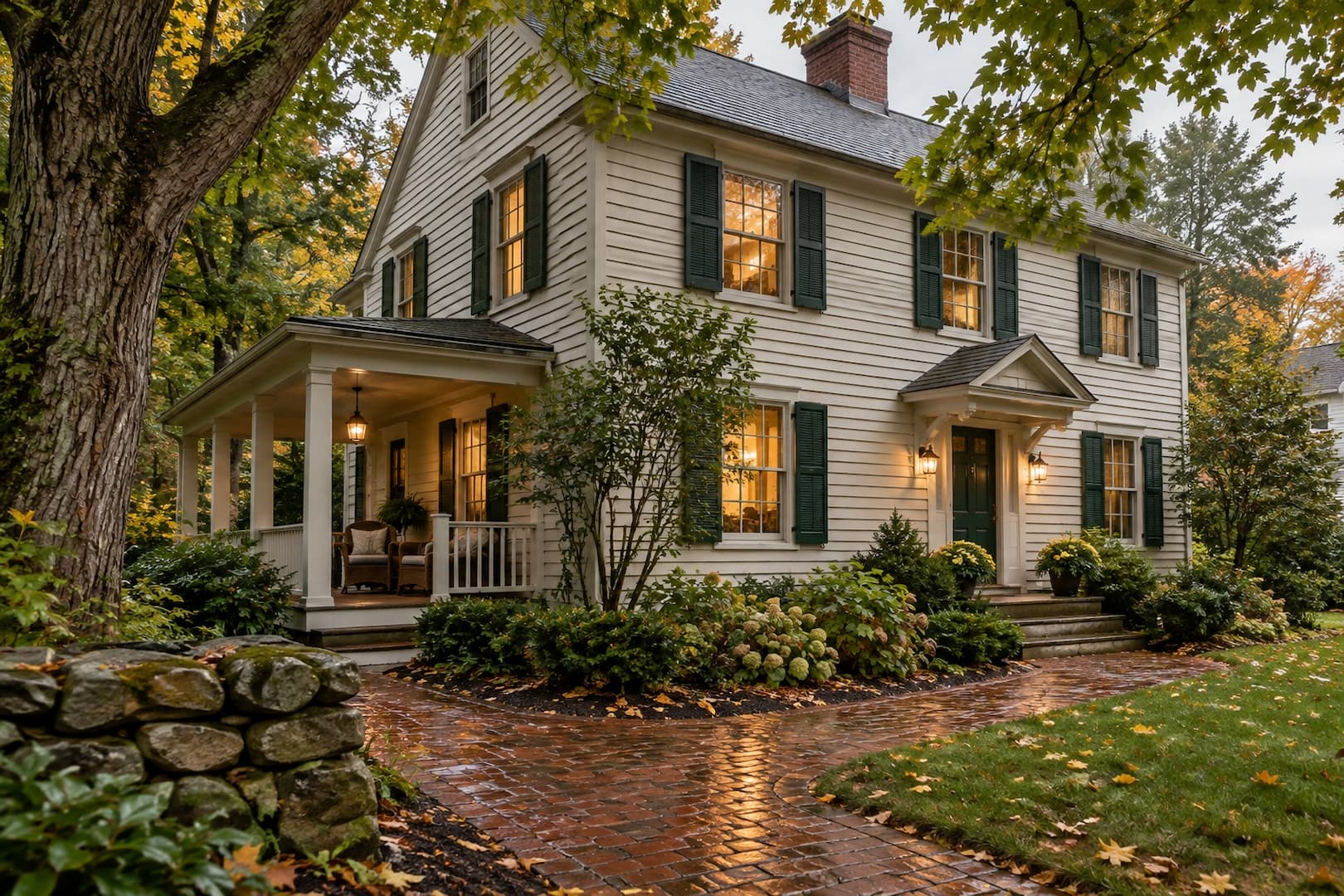 Sunlit New England house with a covered porch and leafy yard after rain