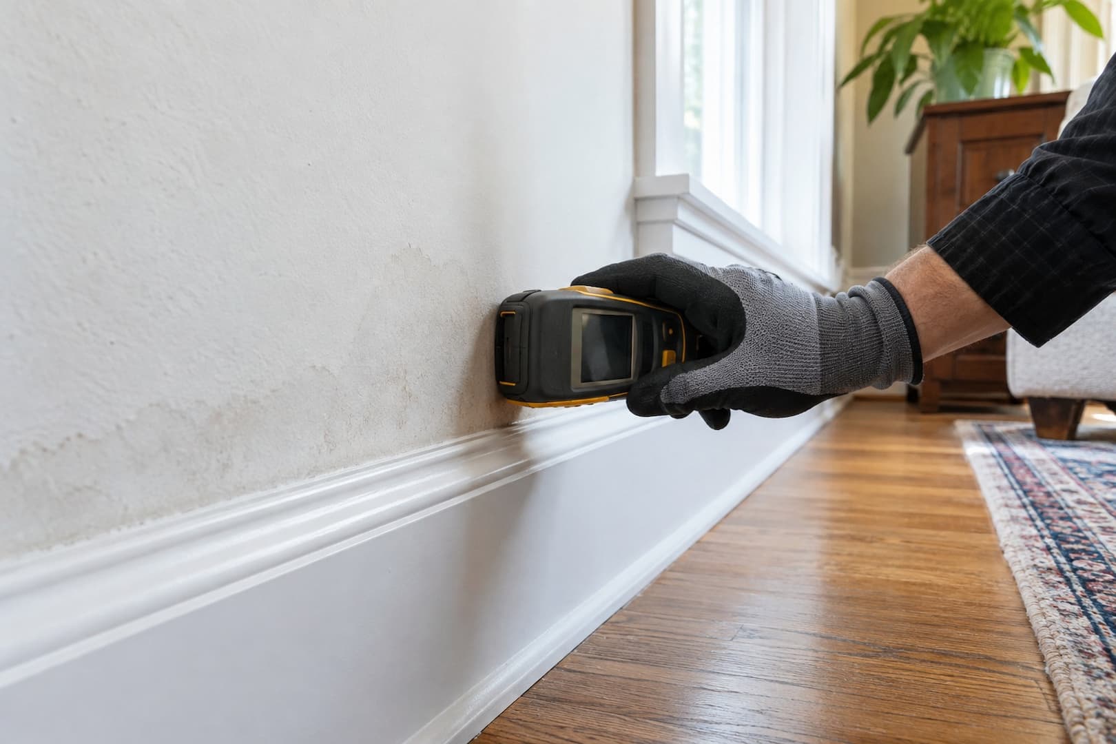 Moisture meter at a baseboard beside a lightly stained interior wall