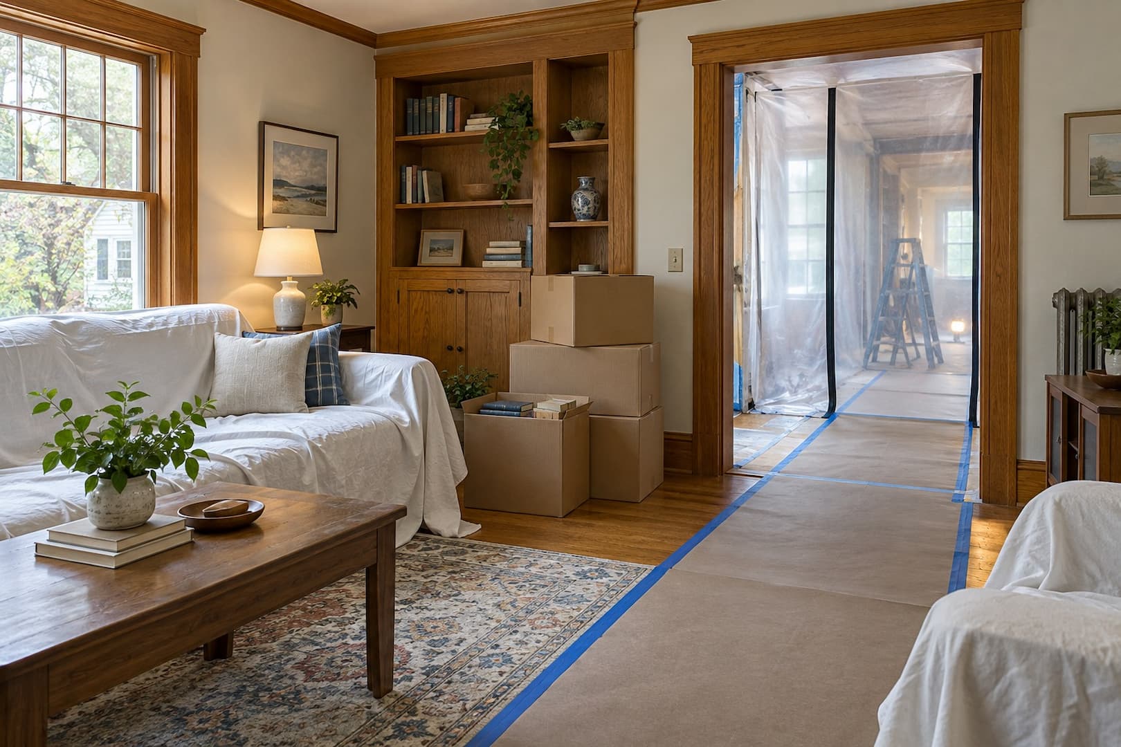 Dry living room with protected furniture and a clear path beside a contained work area