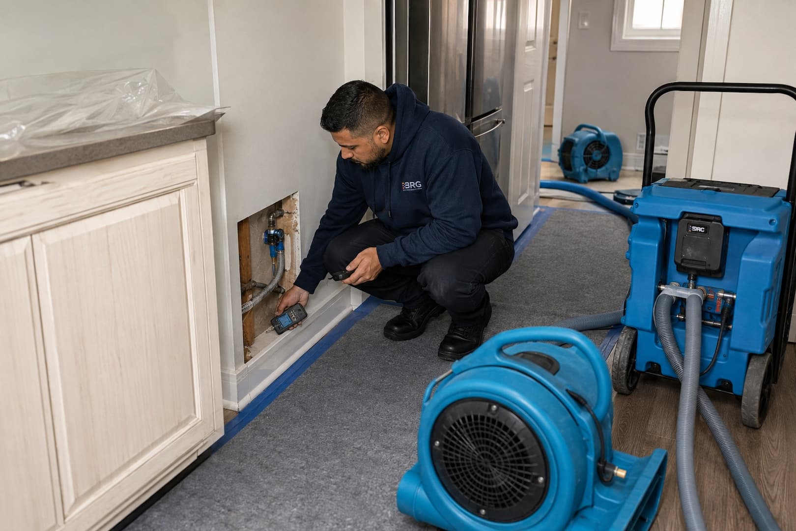 Technician tracing an ice-maker line leak behind kitchen cabinets