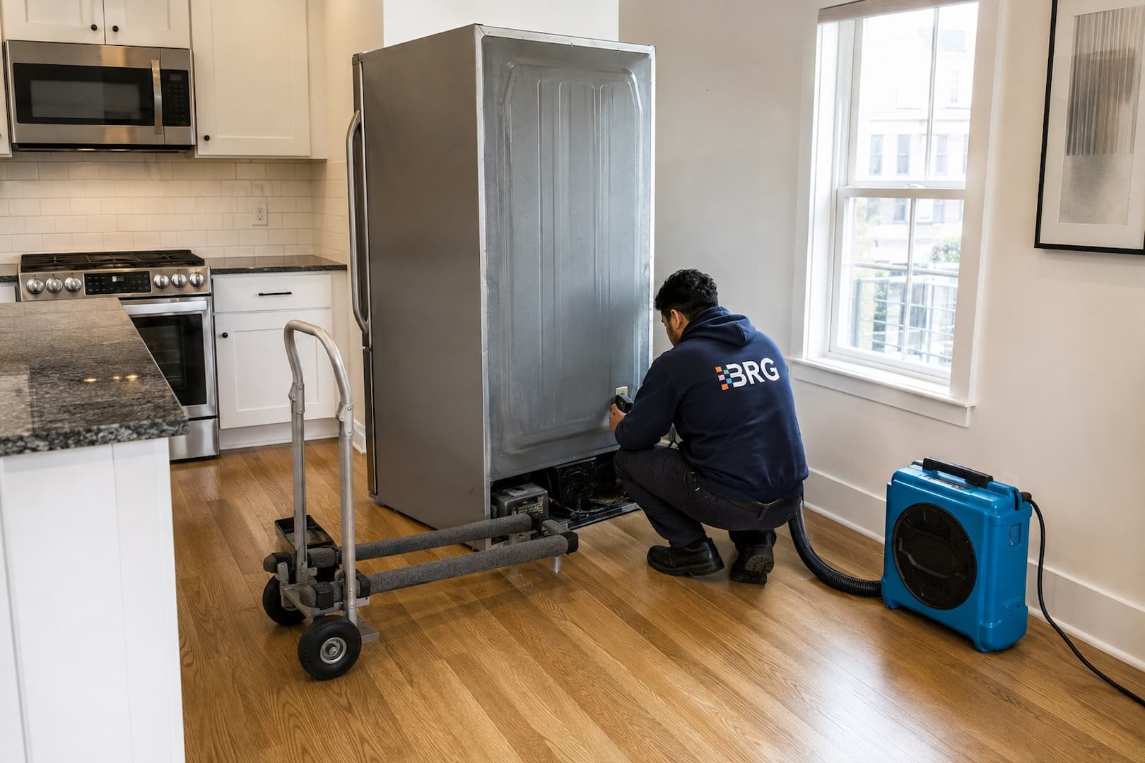 BRG technician assessing water damage behind a refrigerator in Boston
