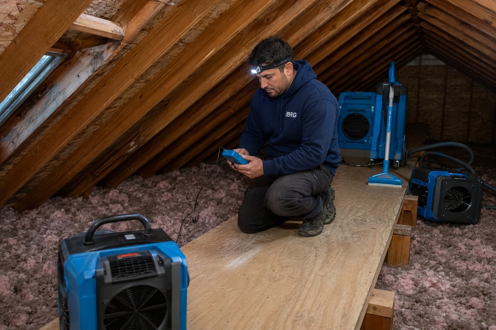 Technician tracing roof leak moisture through an attic