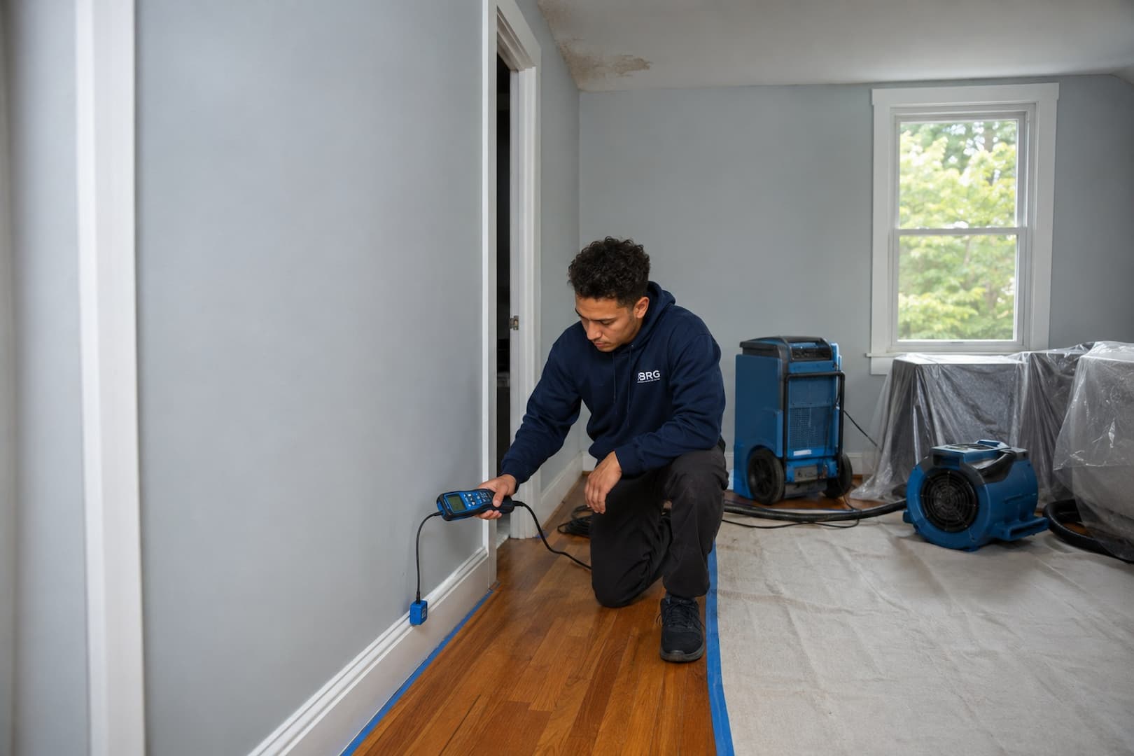 BRG assessing interior water damage from a roof leak in Boston