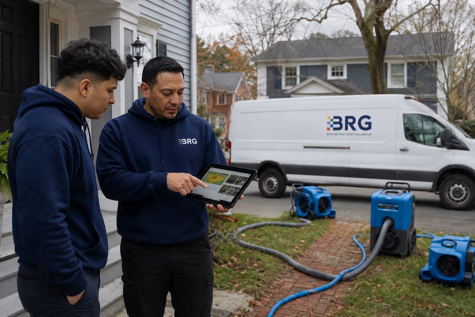 Roofer and BRG technician reviewing roof leak repair and interior drying