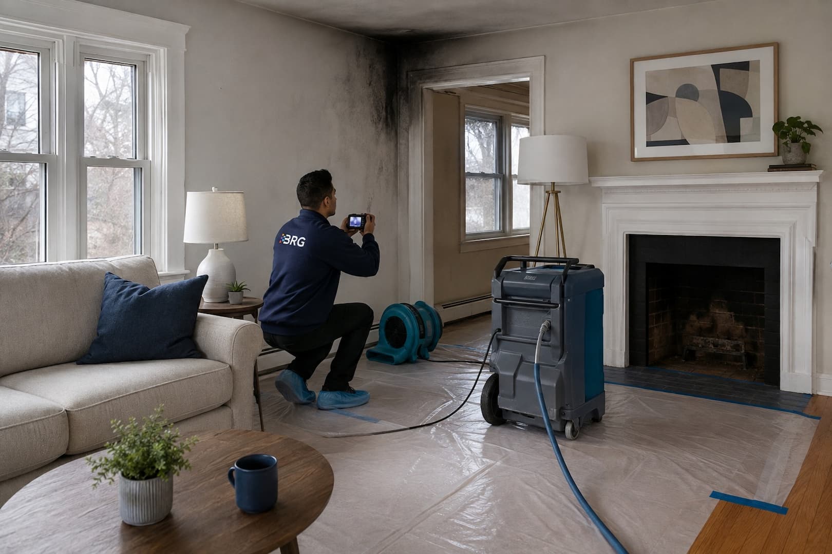 BRG specialist assessing smoke residue in a Boston property