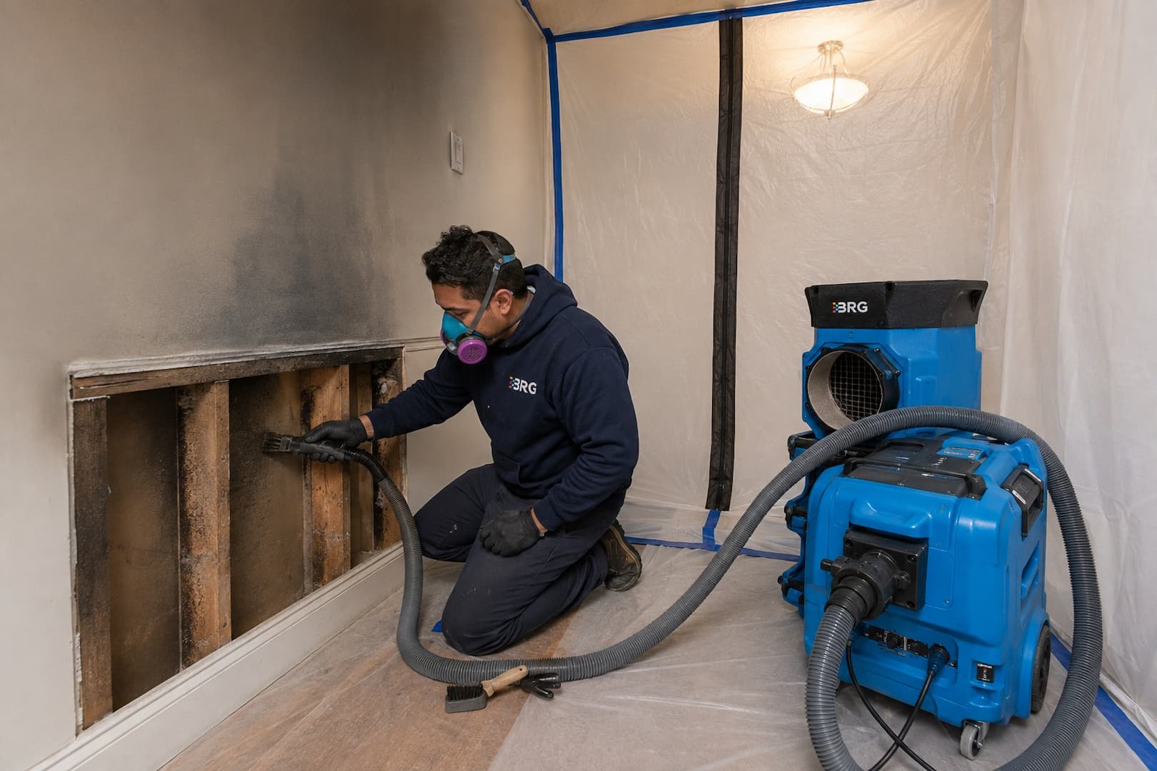 Cleaning smoke residue in a controlled wall cavity