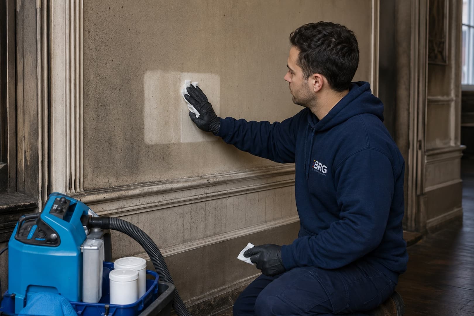 Technician performing a smoke residue cleaning test
