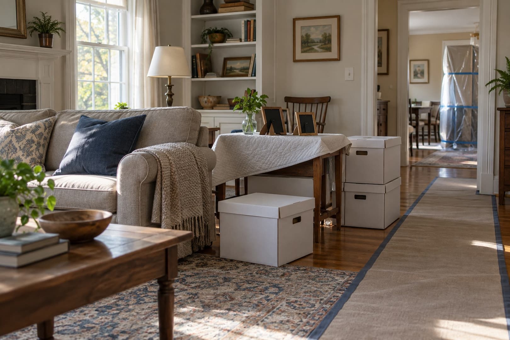 Household belongings organized in clean boxes beside a protected passage through a living room