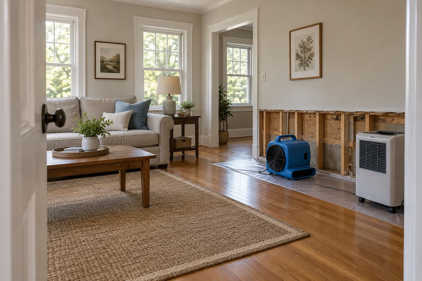 Sunlit New England living room with drying equipment positioned beside exposed lower wall framing
