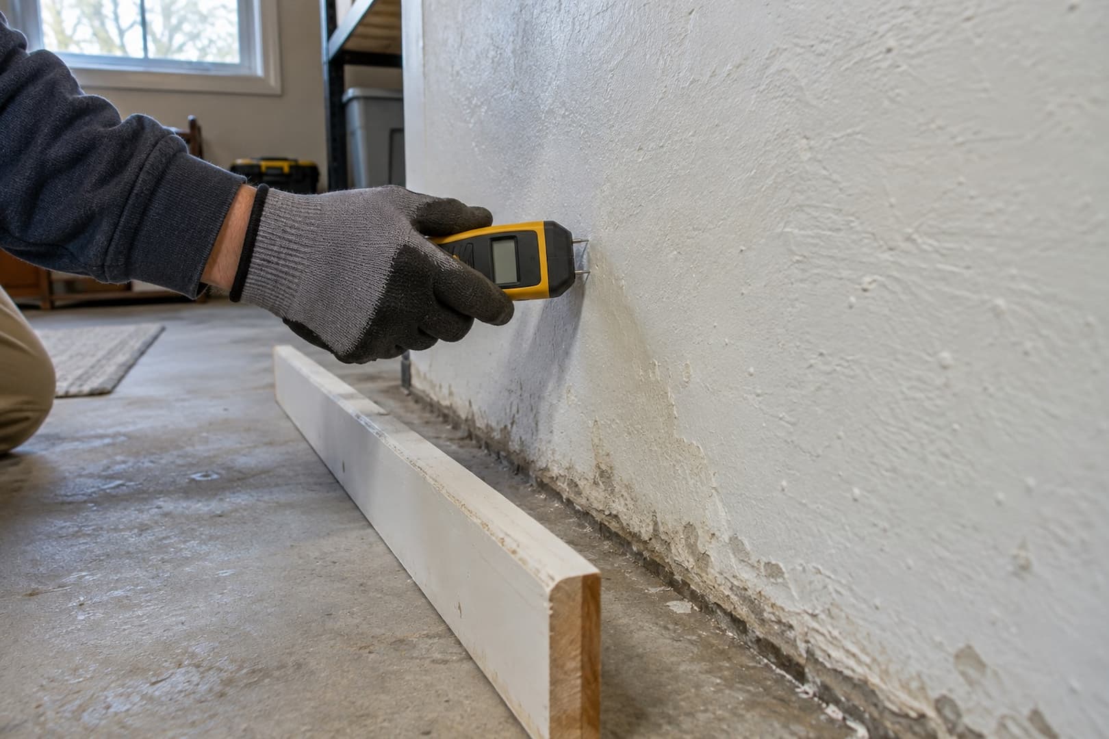 Gloved technician checking moisture at a basement wall with a handheld meter