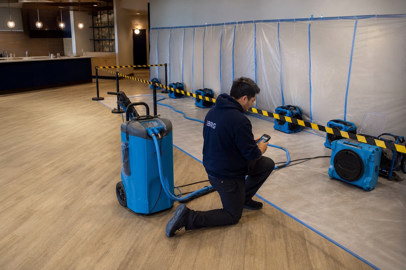 Controlled drying zone after emergency water removal