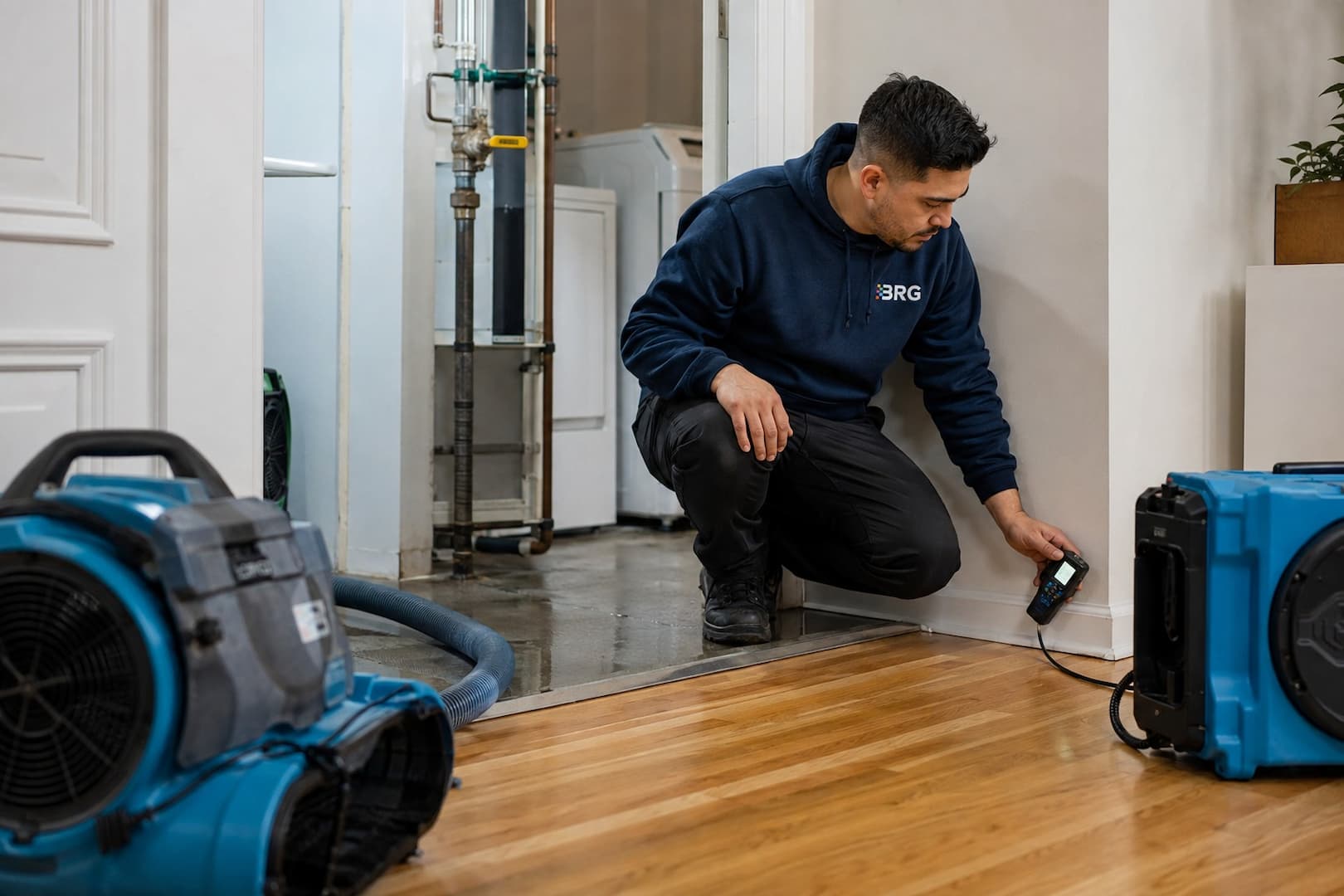 Technician assessing the source and condition of standing water
