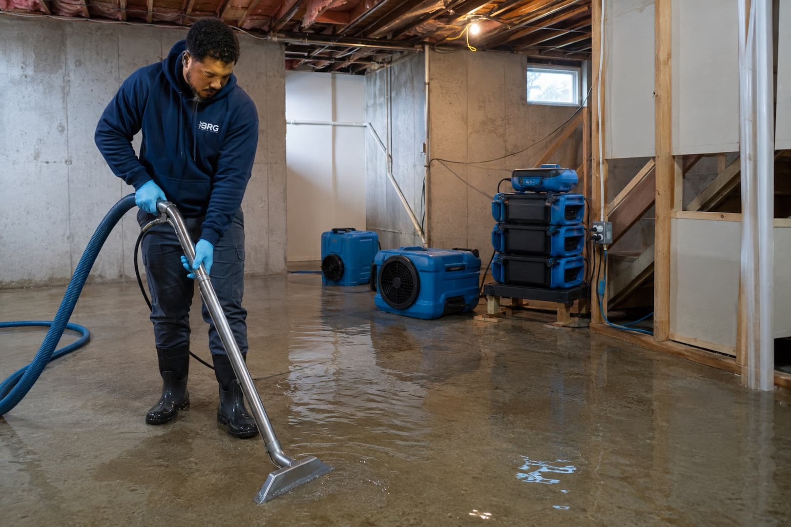 BRG equipment removing storm water from a basement