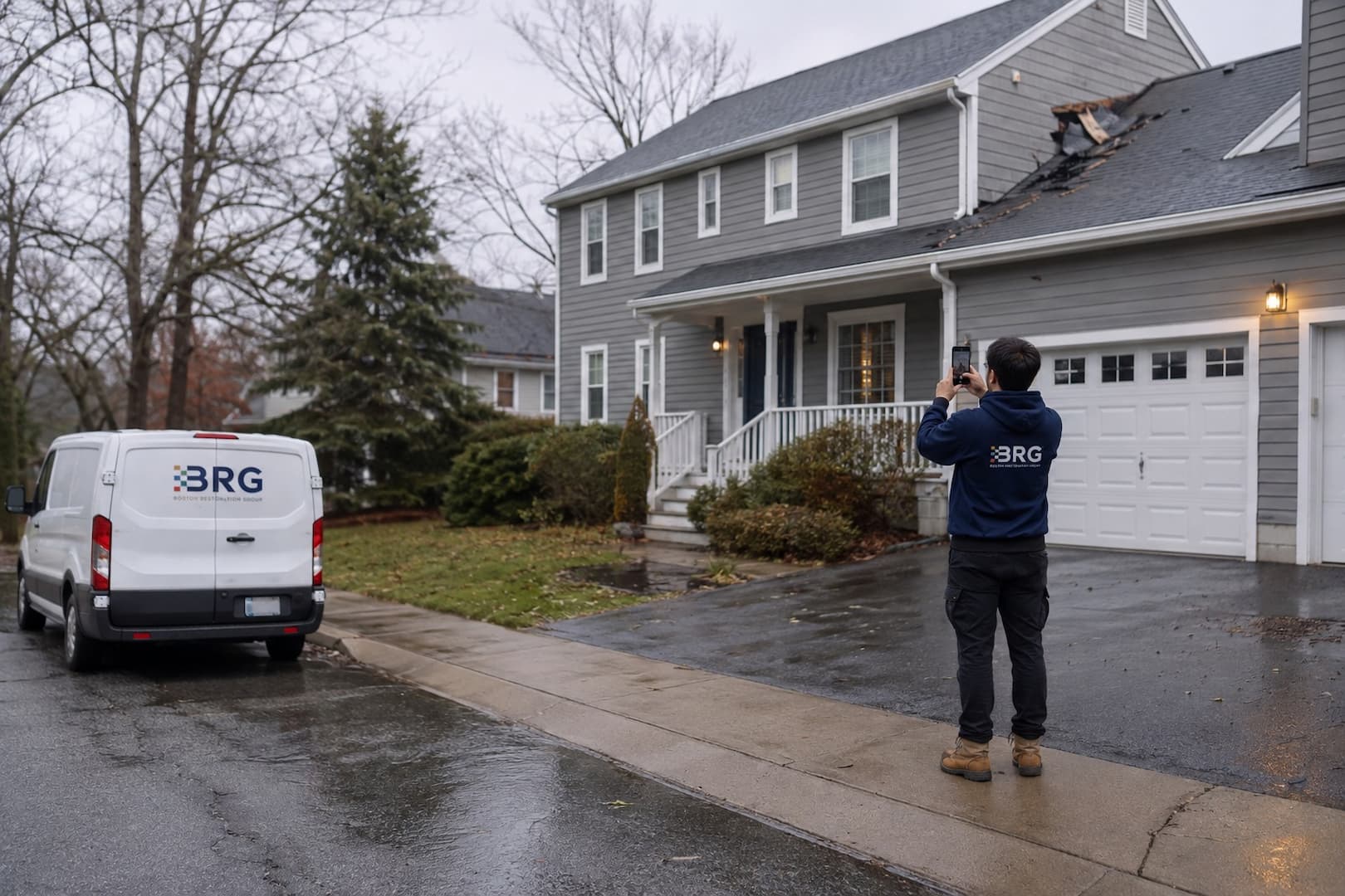 BRG specialist assessing storm damage at a Greater Boston home
