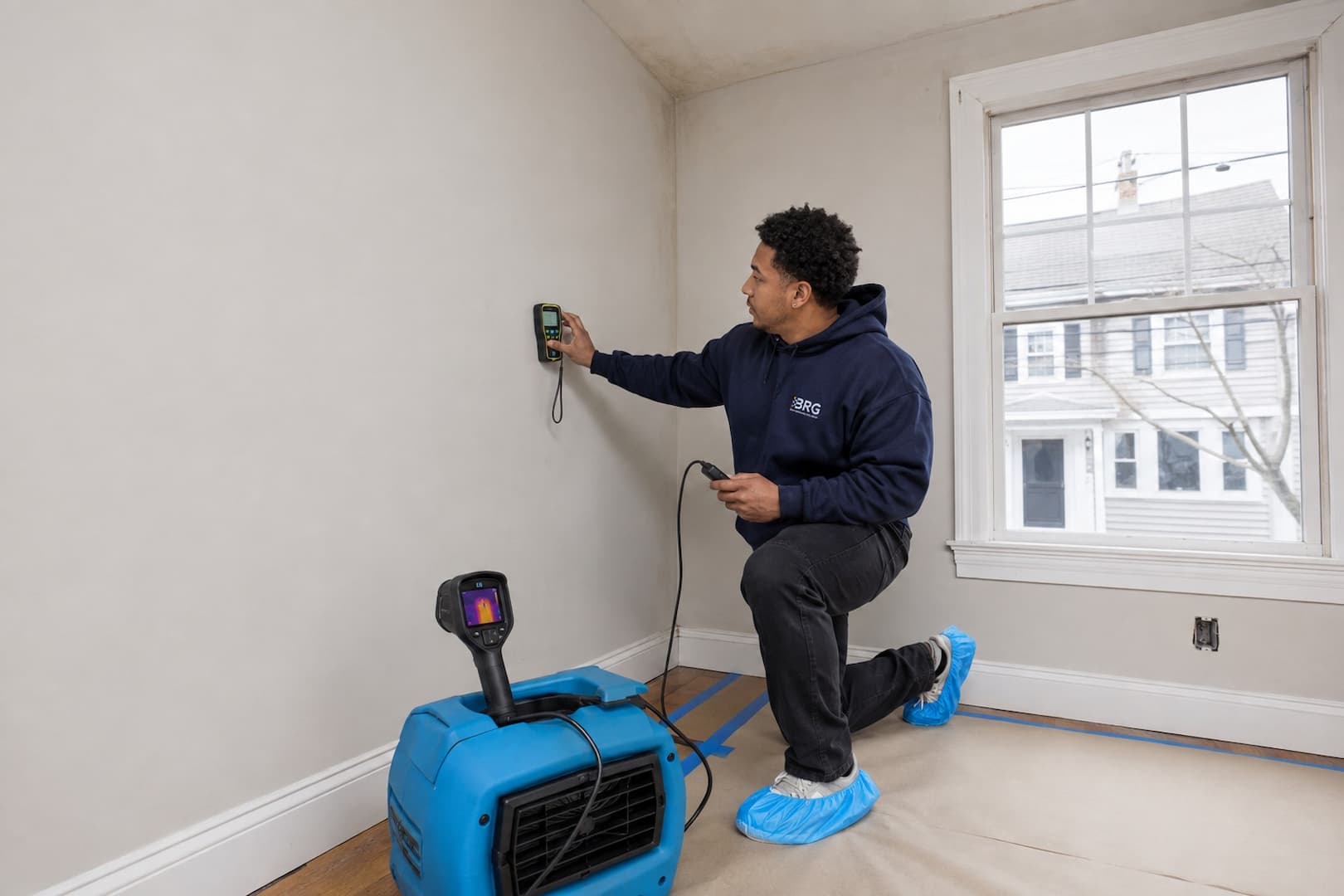Technician mapping hidden moisture after wind-driven rain