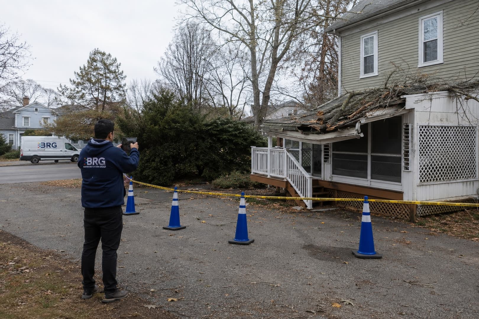 BRG specialist assessing storm-related structural damage from a safe distance