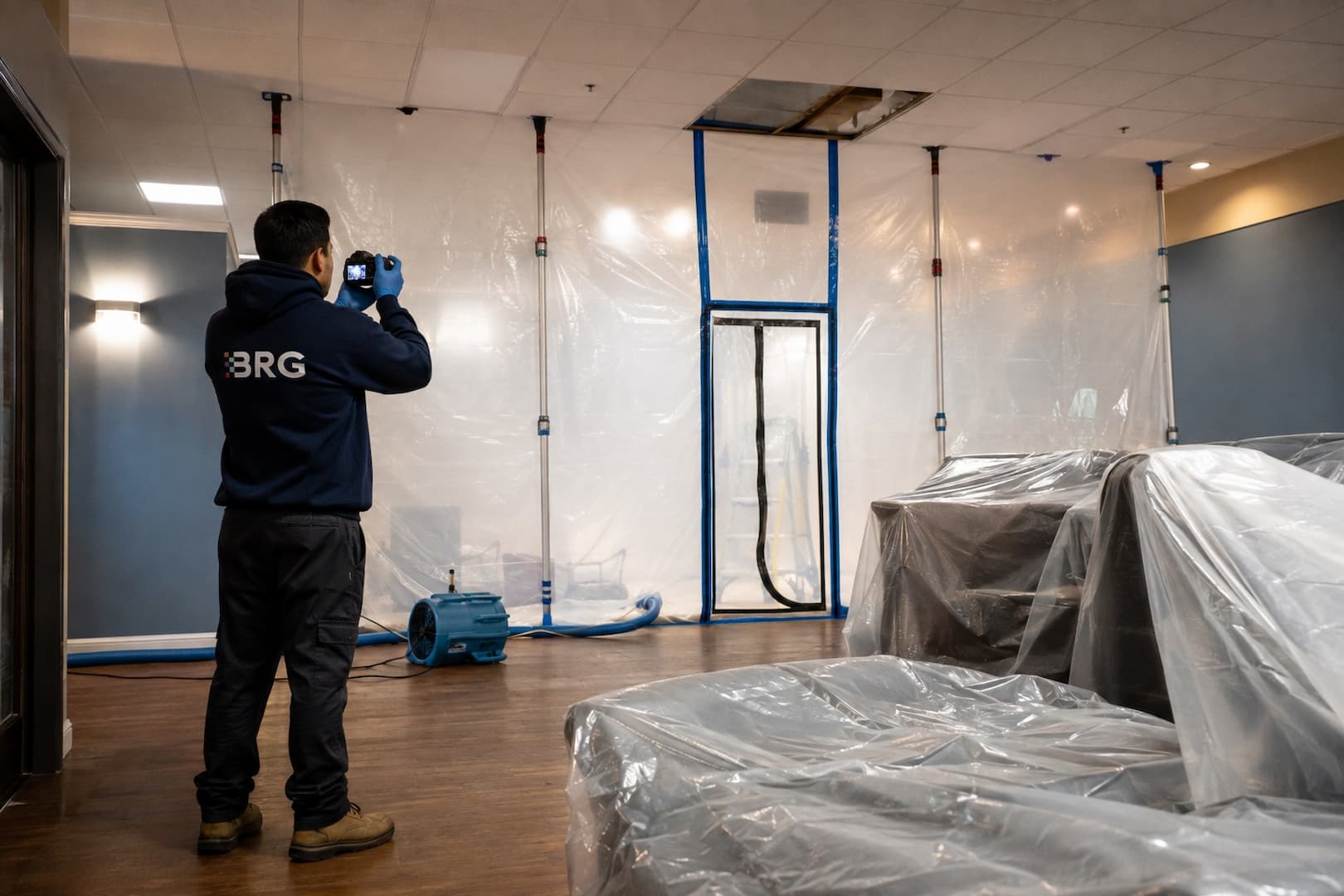 Protected interior work zone near structural damage