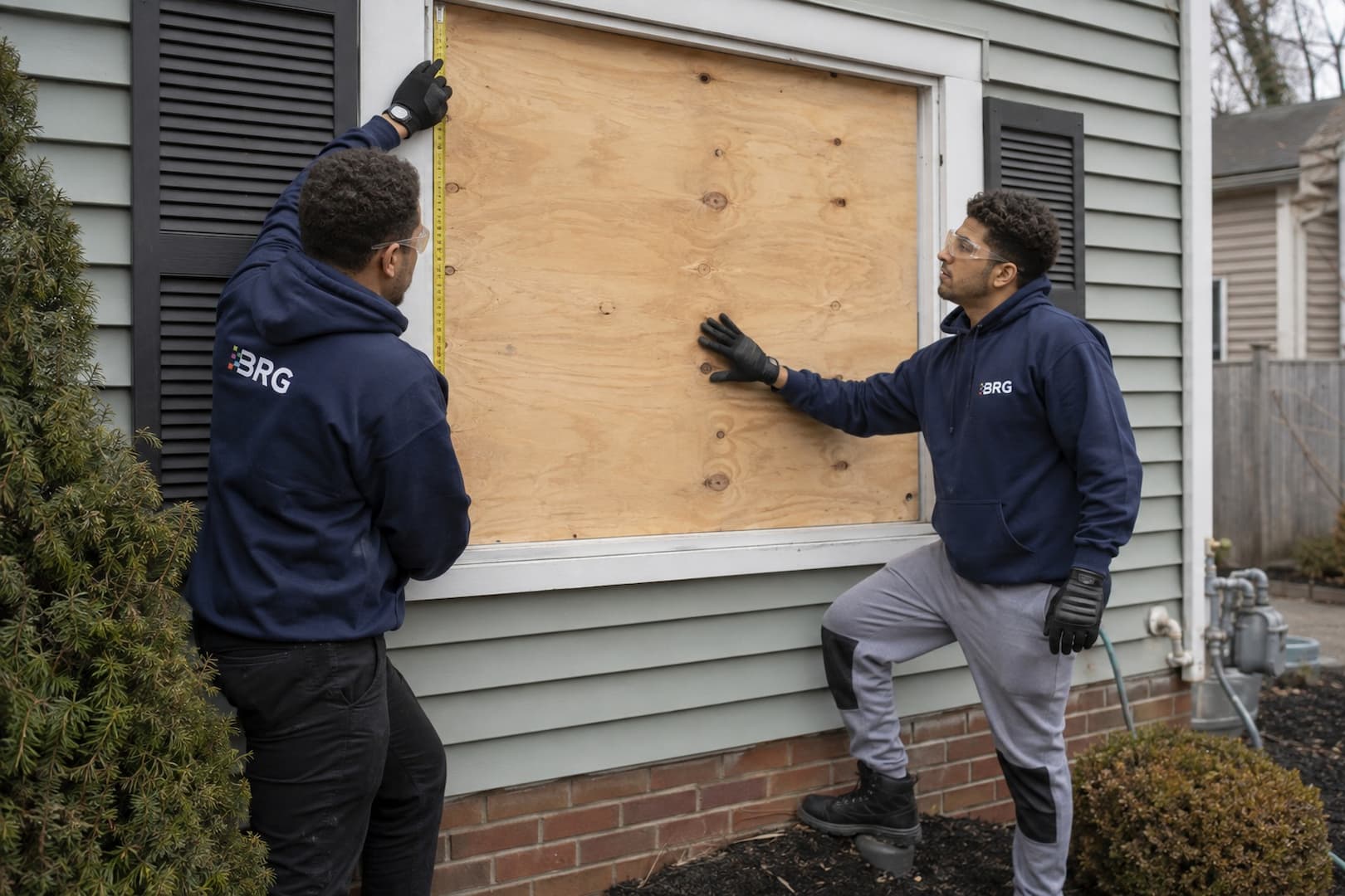 BRG crew installing temporary protection over a damaged opening