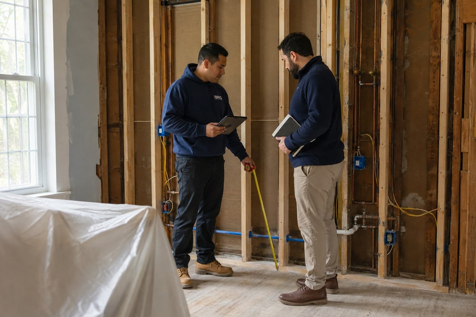 BRG technician documenting framing conditions for repair planning