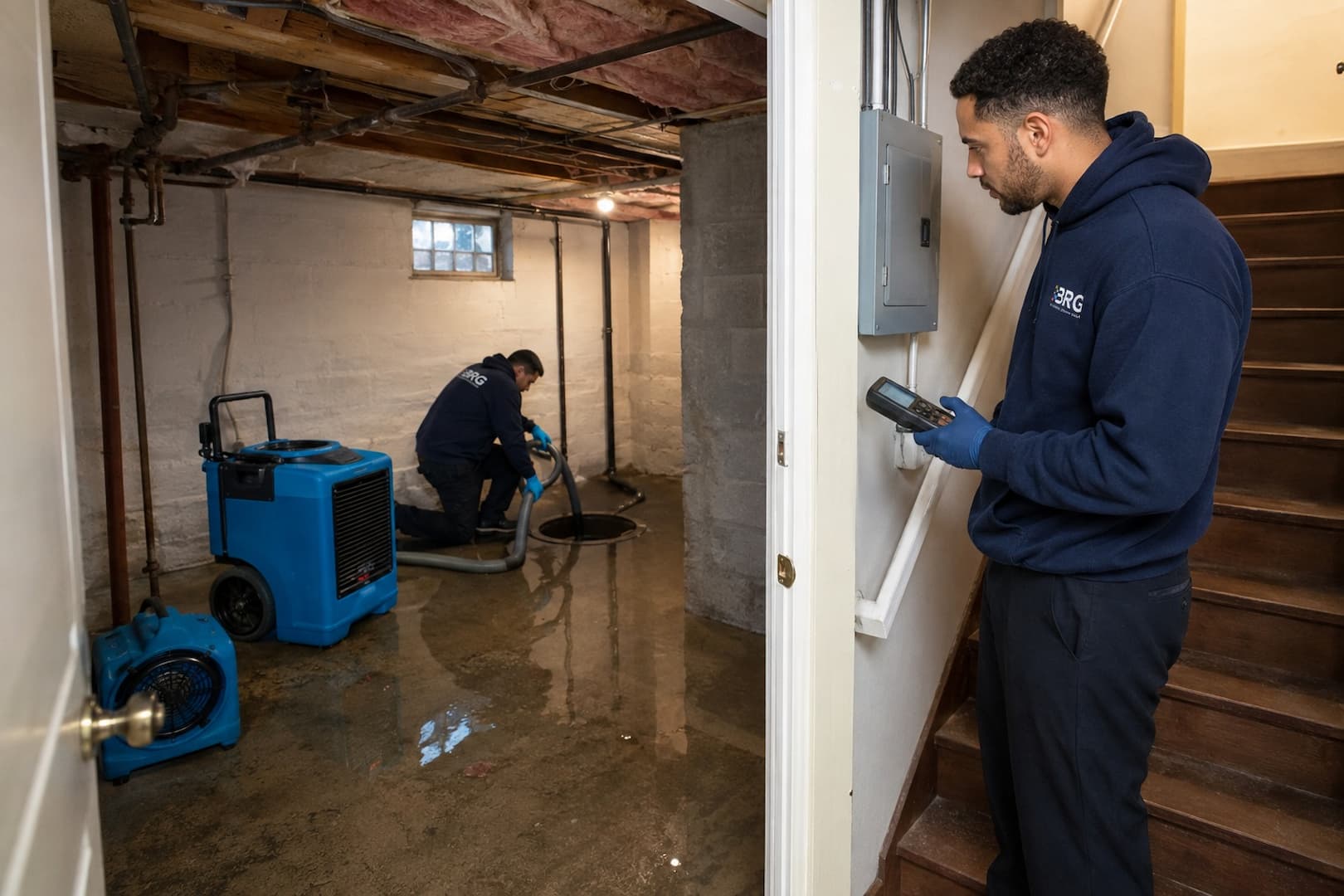 BRG assessing basement water after a sump pump backup in Boston