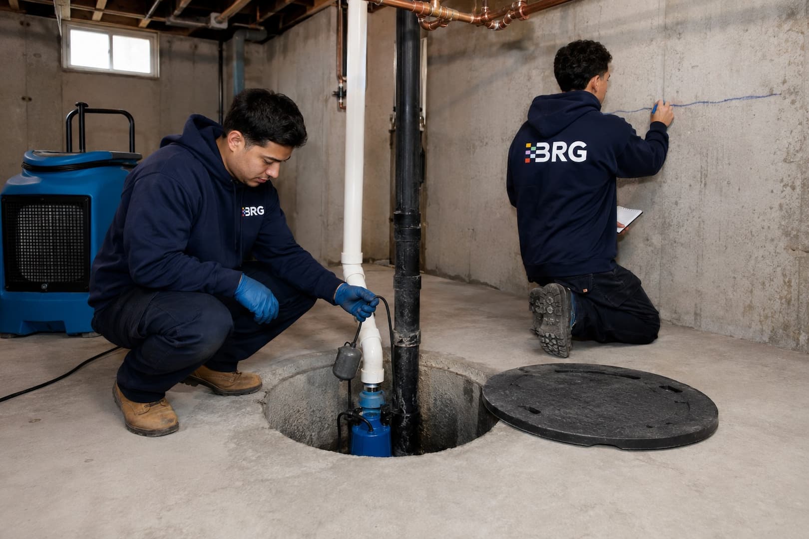 Sump pump and discharge route being inspected after backup