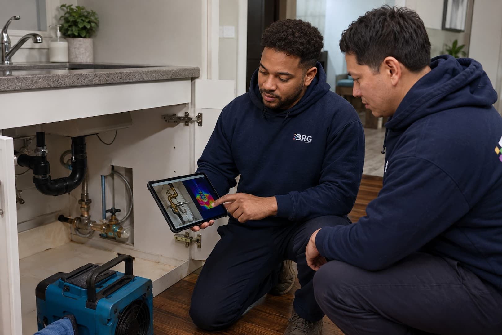 Plumber and BRG technician documenting source repair and water damage