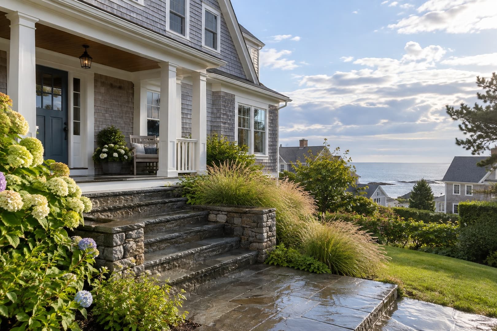 Shingle-sided coastal New England home beneath a bright clearing sky