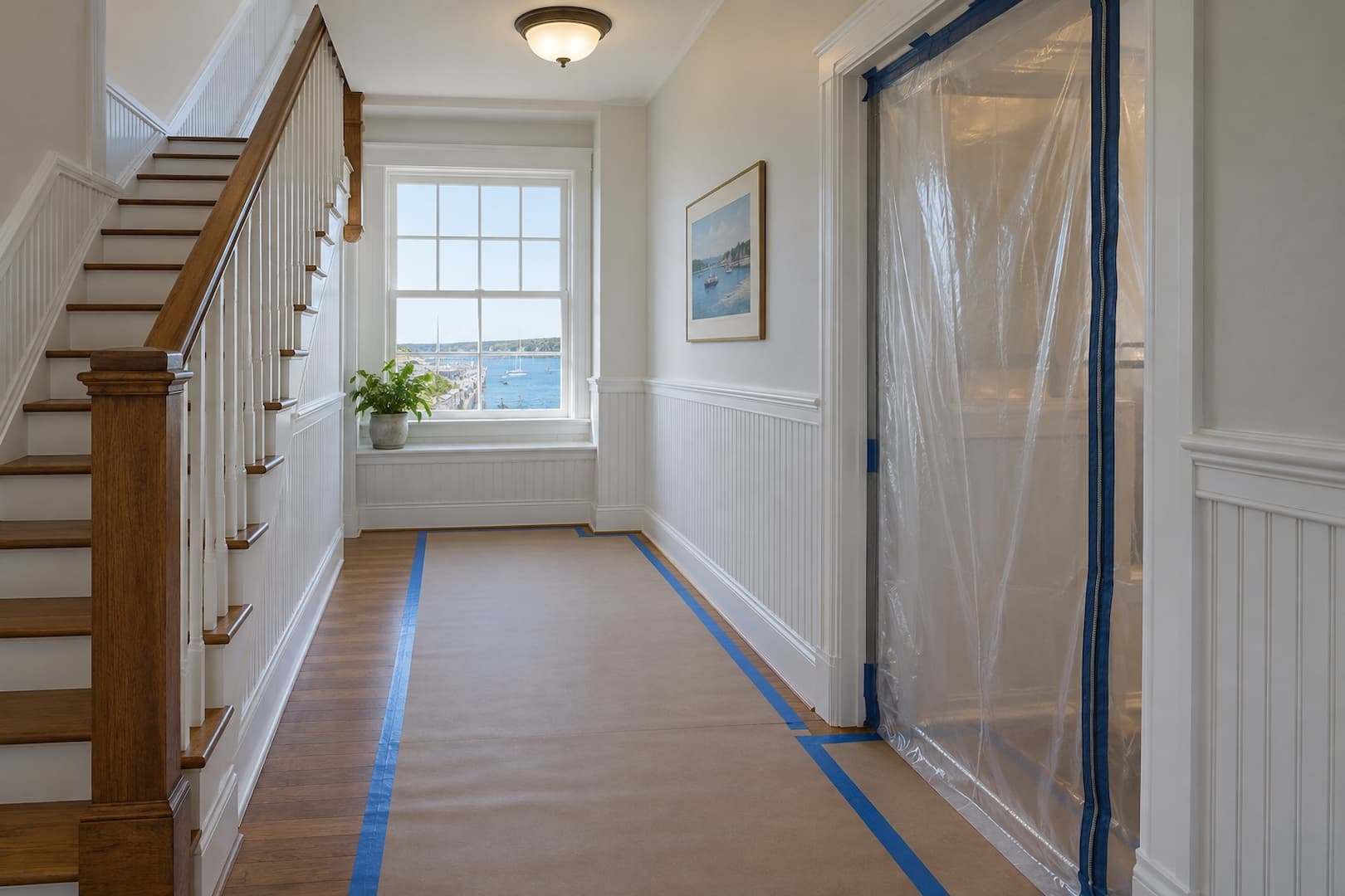 Clean shared entry hall with protected flooring and a separate work-area doorway