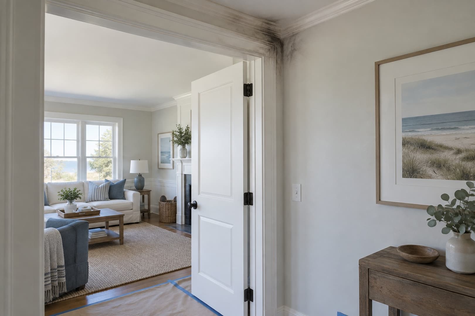 Light smoke residue around a painted doorway beside a protected adjoining room
