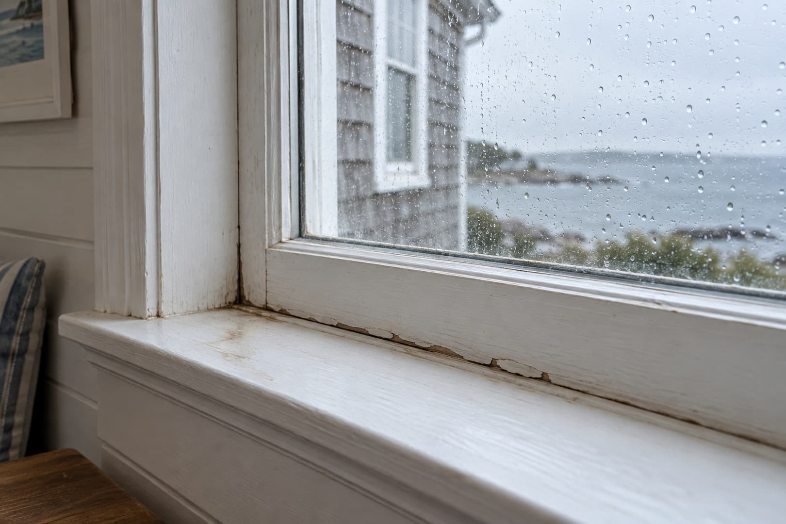 Rain droplets on a coastal home's window above a lightly marked interior sill