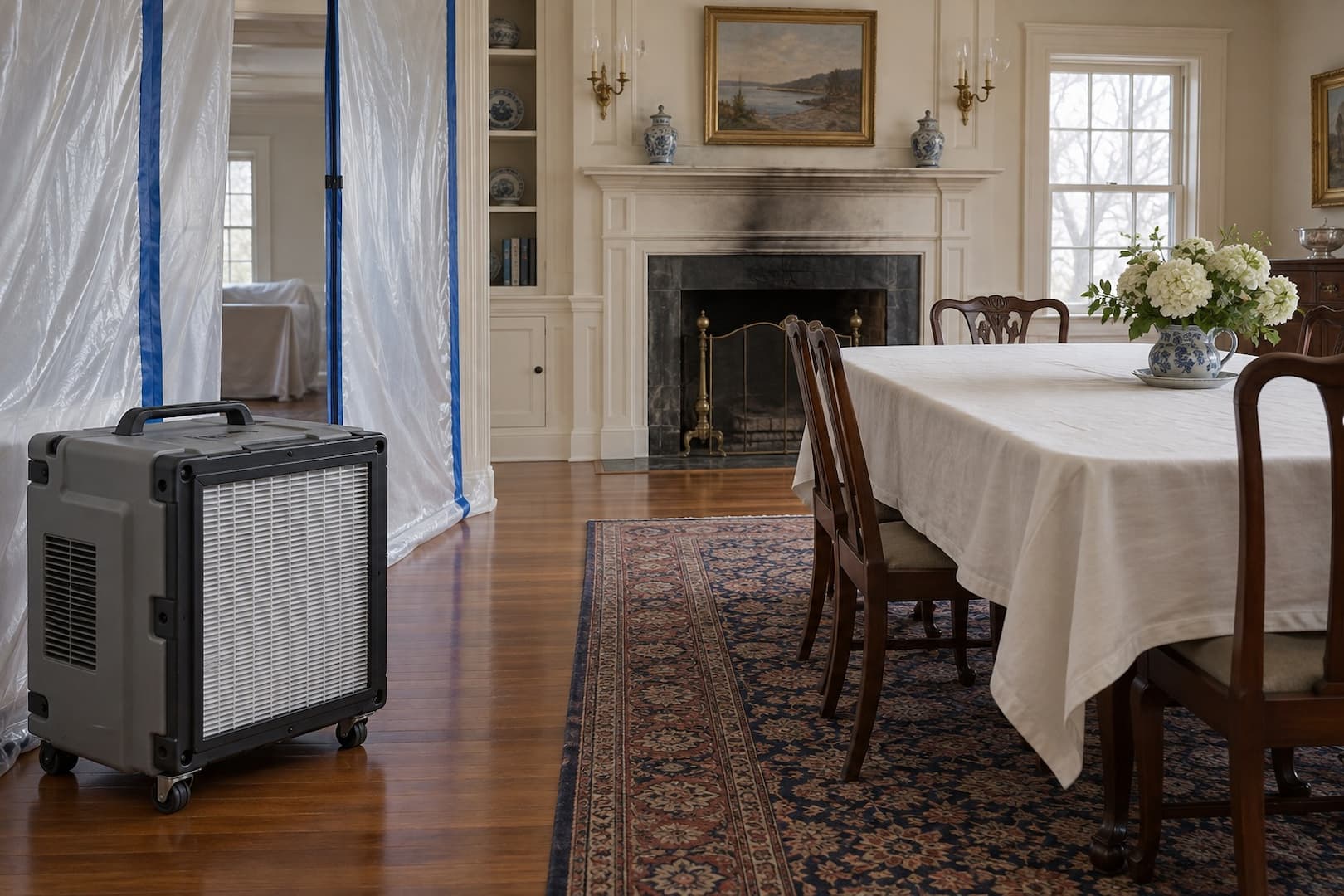 Unbranded HEPA air scrubber beside protected furniture in a room