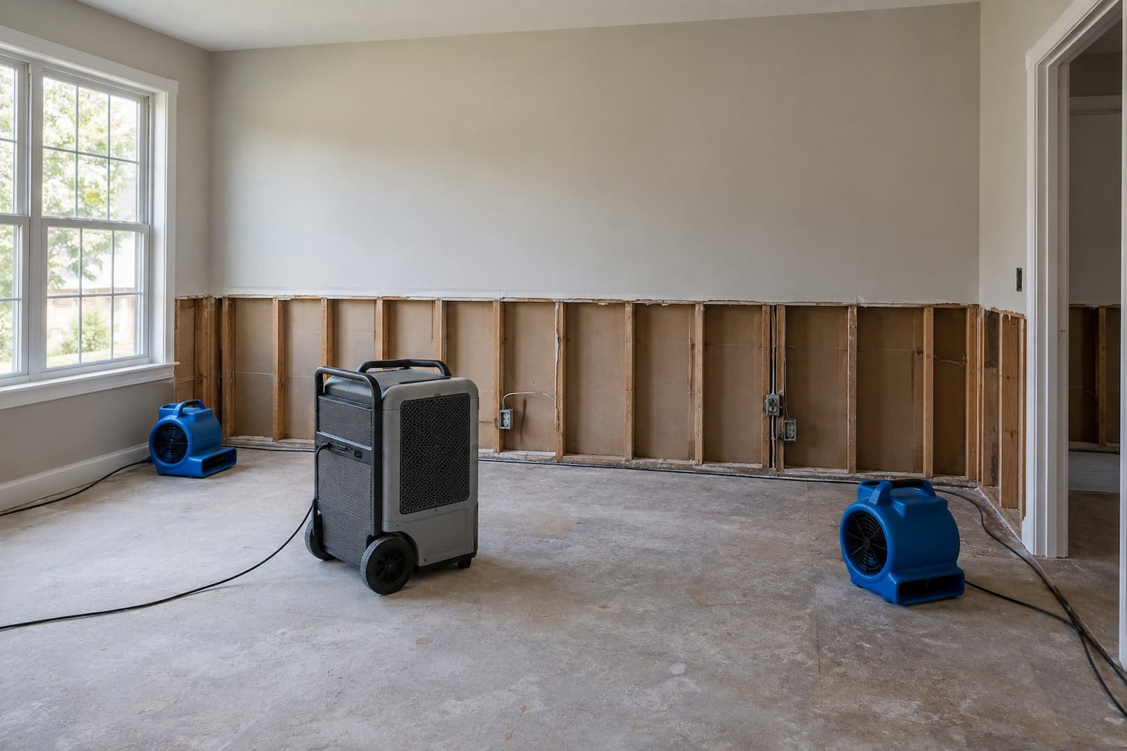 Open lower wall and professional drying equipment in a cleared room