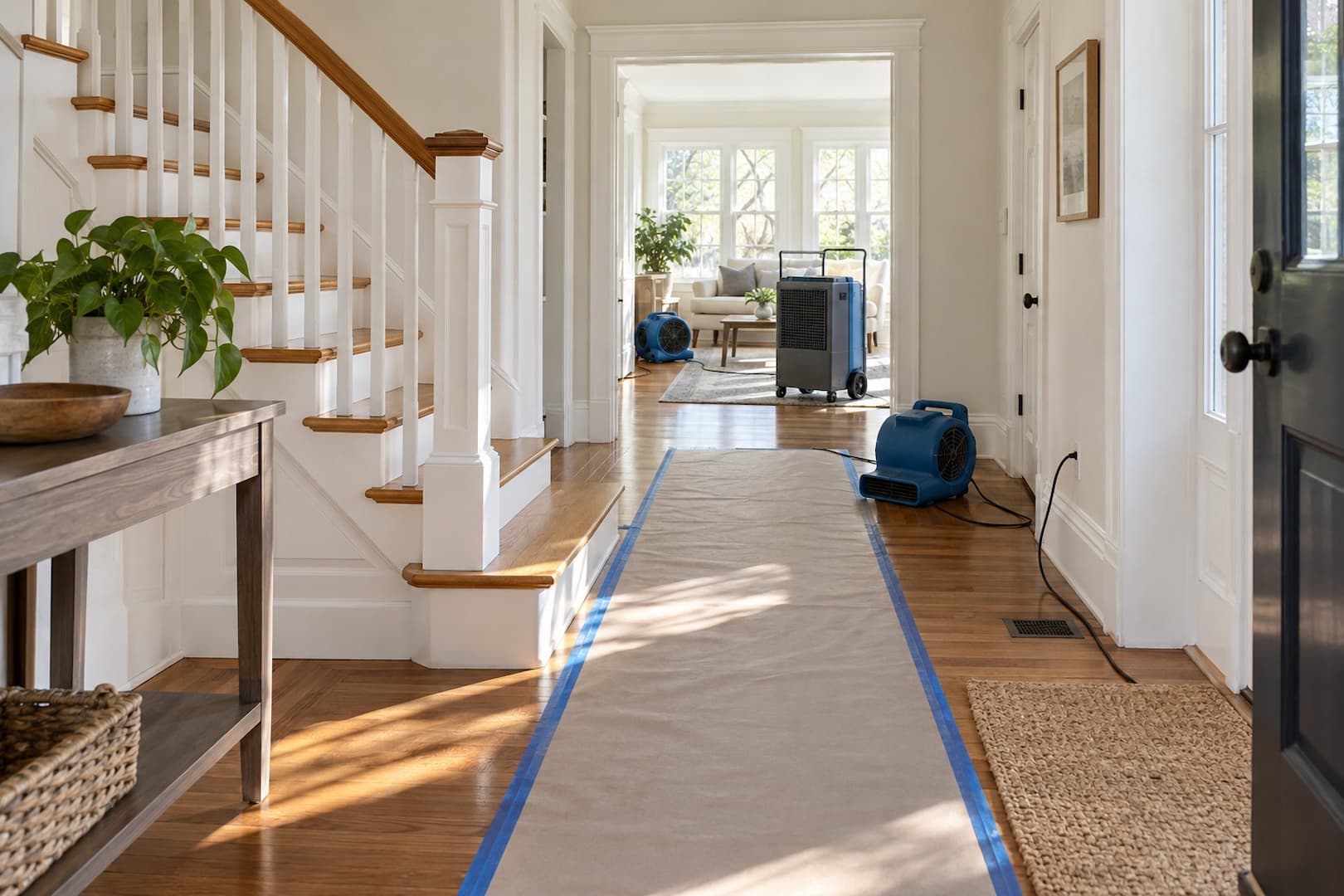 Bright New England entry hall with a protected floor leading toward a room being restored