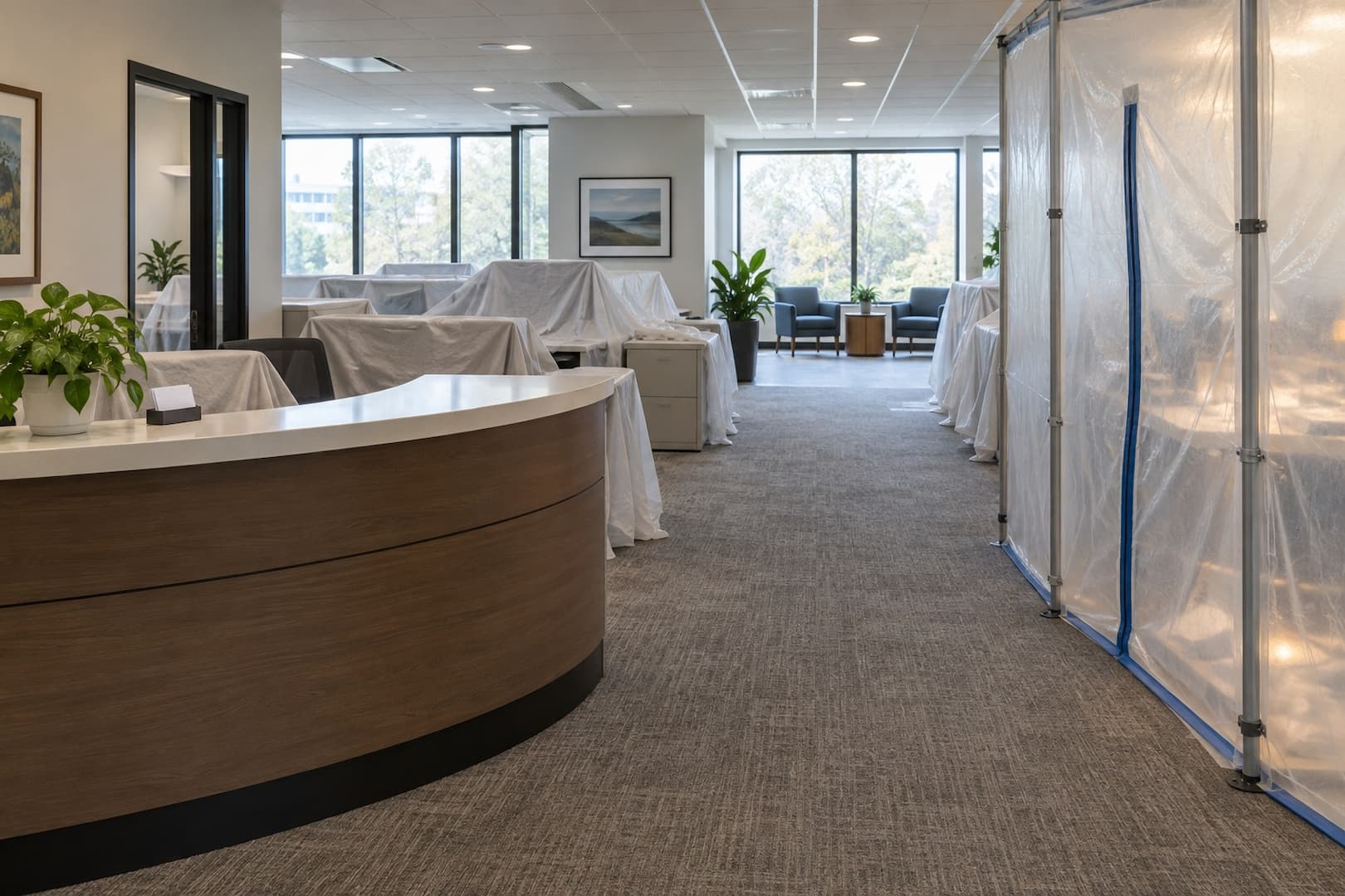 Small office with furniture protected and a clear walkway beside a separated work area
