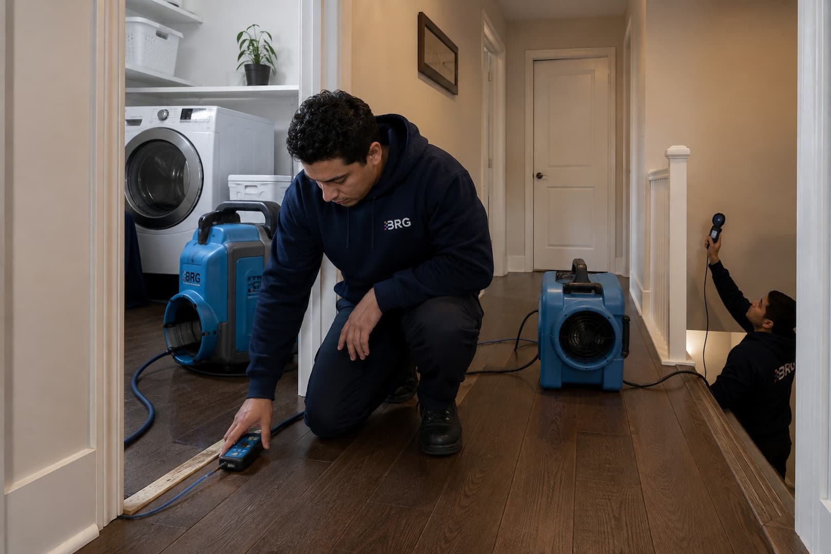 Technician mapping washer overflow water into adjacent rooms