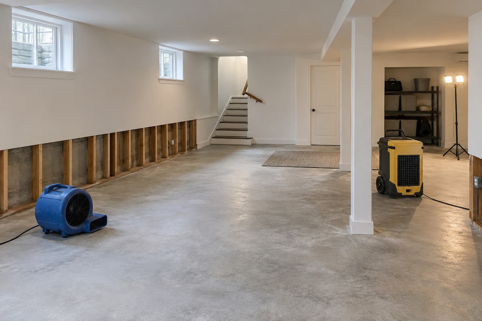 Finished basement with a small lower wall opening and neatly positioned drying equipment