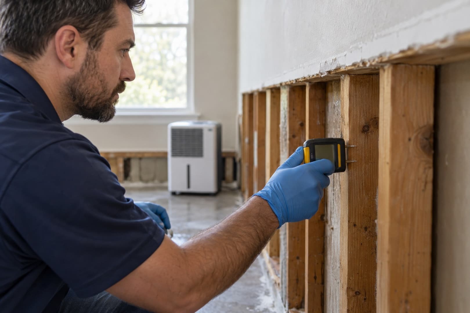 Restoration technician checking an exposed timber wall with a handheld moisture meter