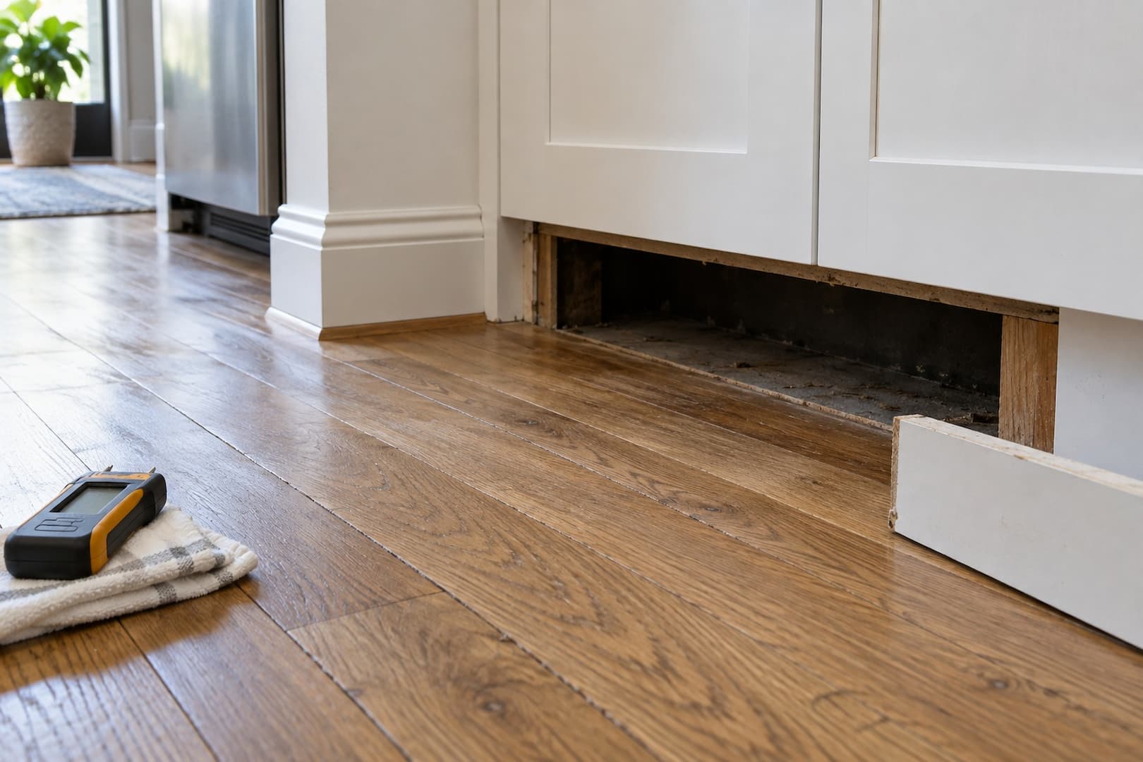 Close view of oak flooring, removed baseboard and a small inspection opening at a cabinet base
