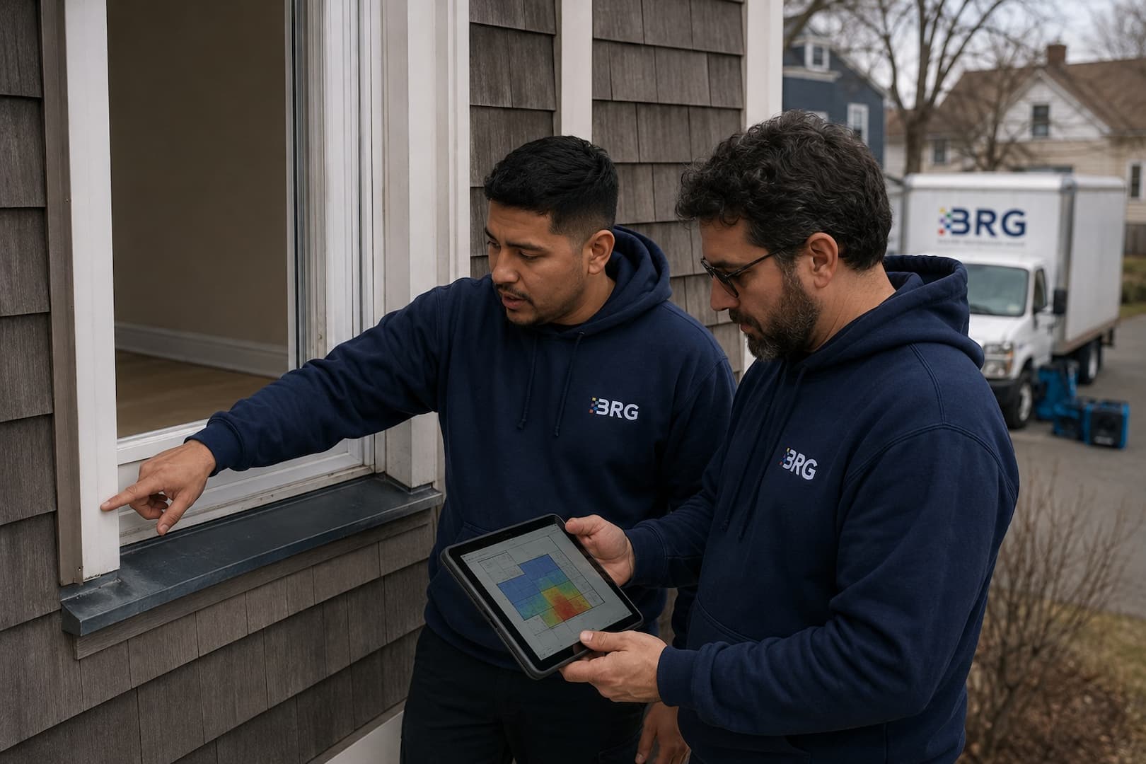 BRG and building envelope specialist reviewing a window leak repair