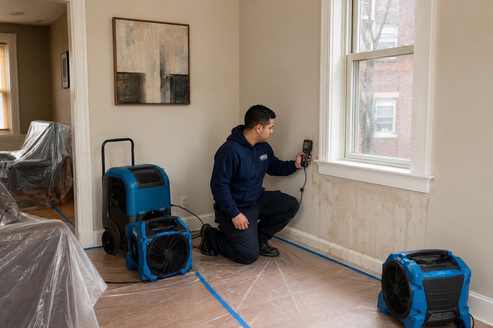 BRG specialist assessing interior water damage at a leaking window