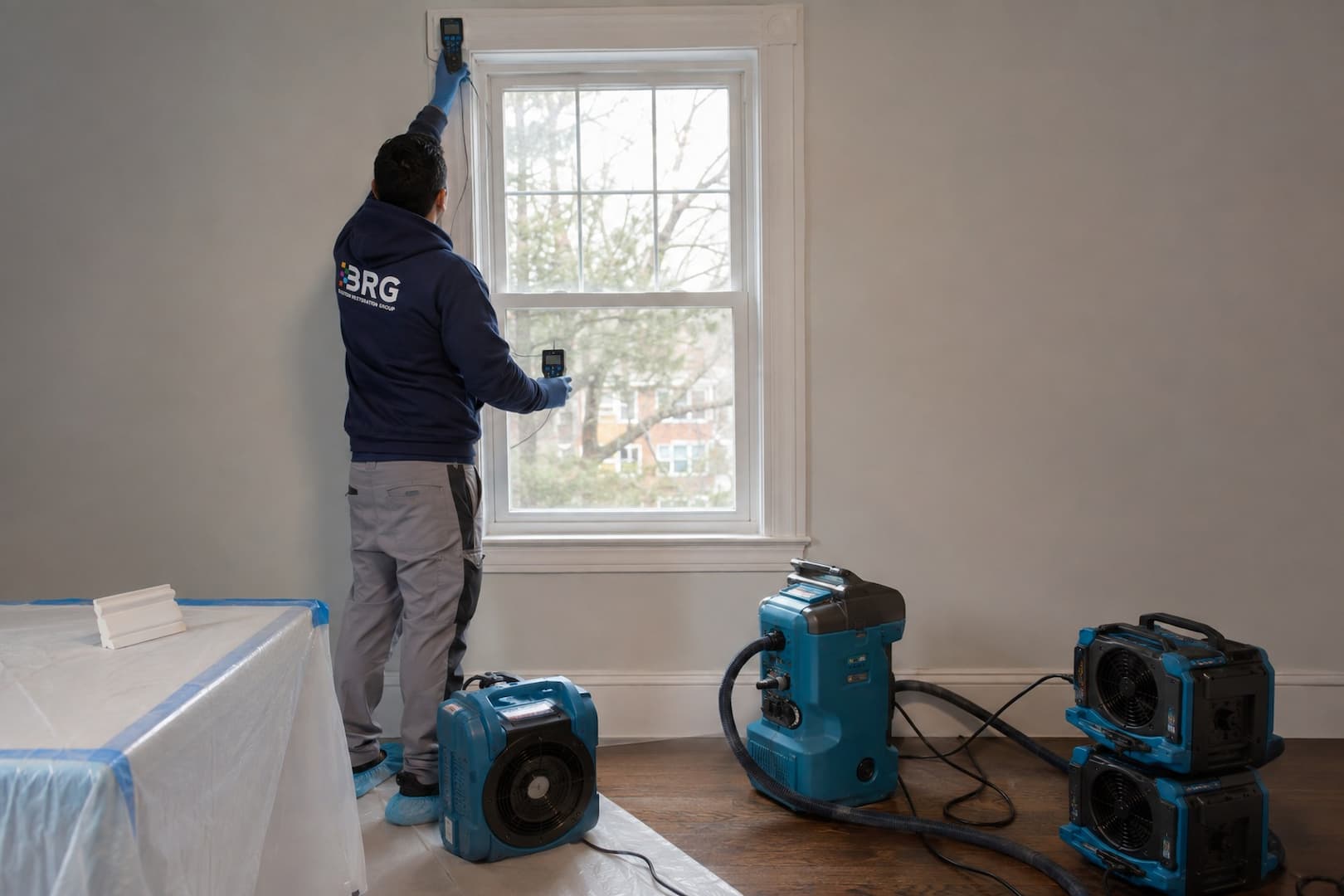 Technician mapping water around a leaking window assembly