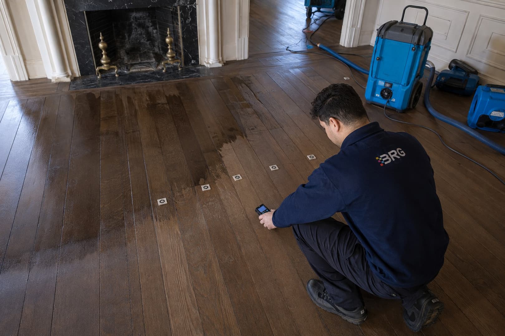 Technician mapping moisture gradients across a hardwood floor
