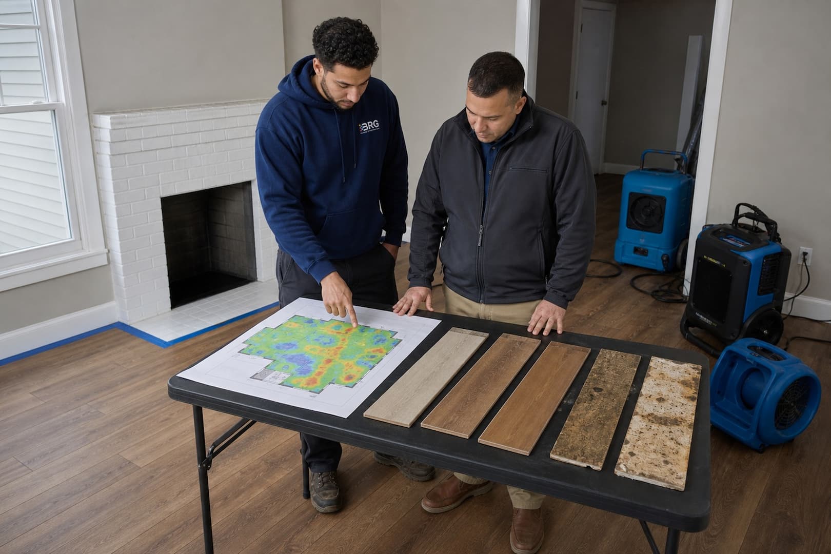BRG and flooring contractor reviewing water-damaged floor conditions